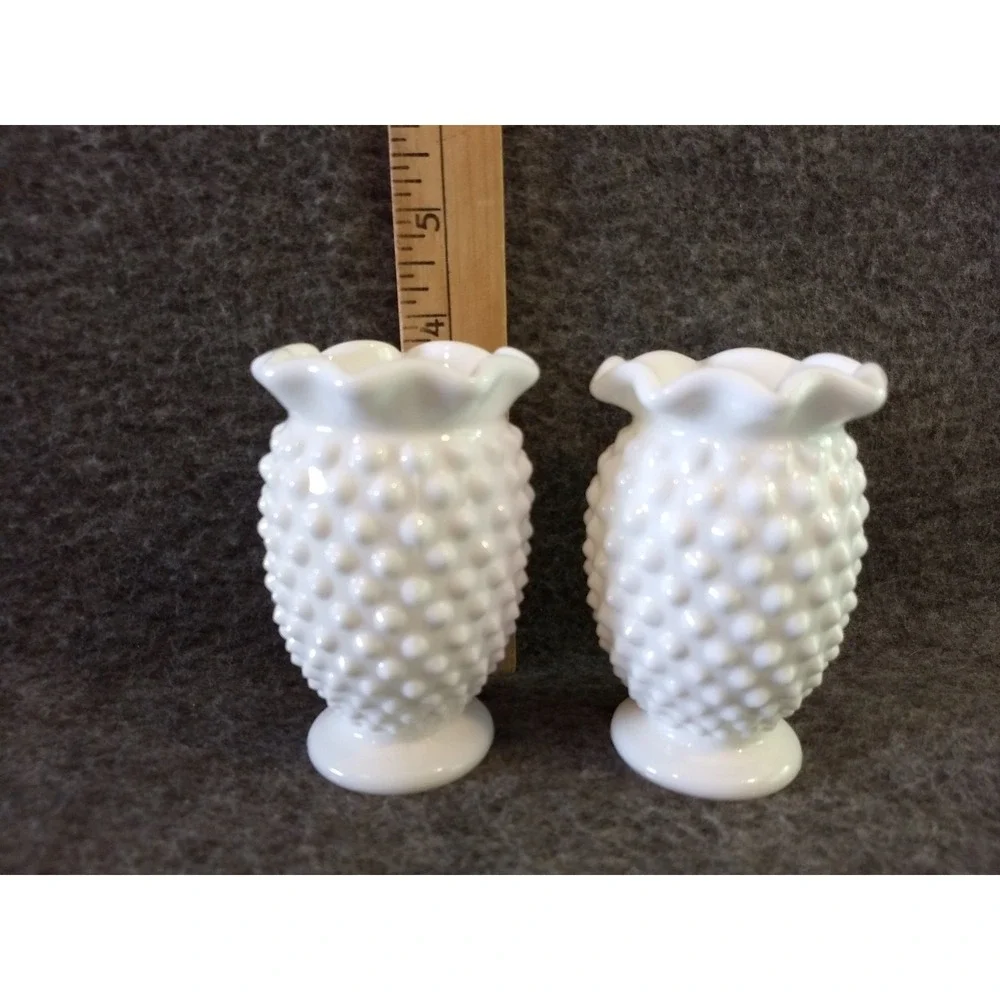 Vintage Fenton White Milk Glass Hobnail Mini Vases Set of 2 Ruffled Crimped Edge